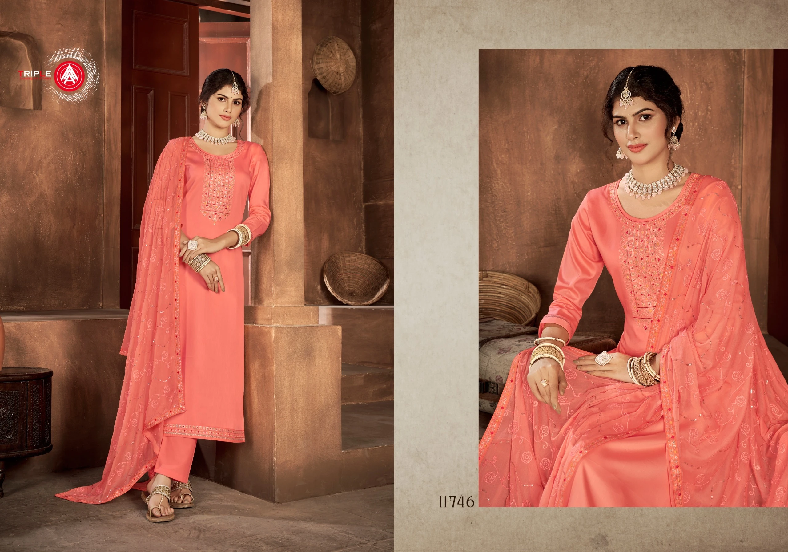 Triple Kaara Pure Jam Silk Wholesale Fancy Salwar Suit Catalog — Wholesale Salwar Suits, MPA wholesale from Surat — view 4